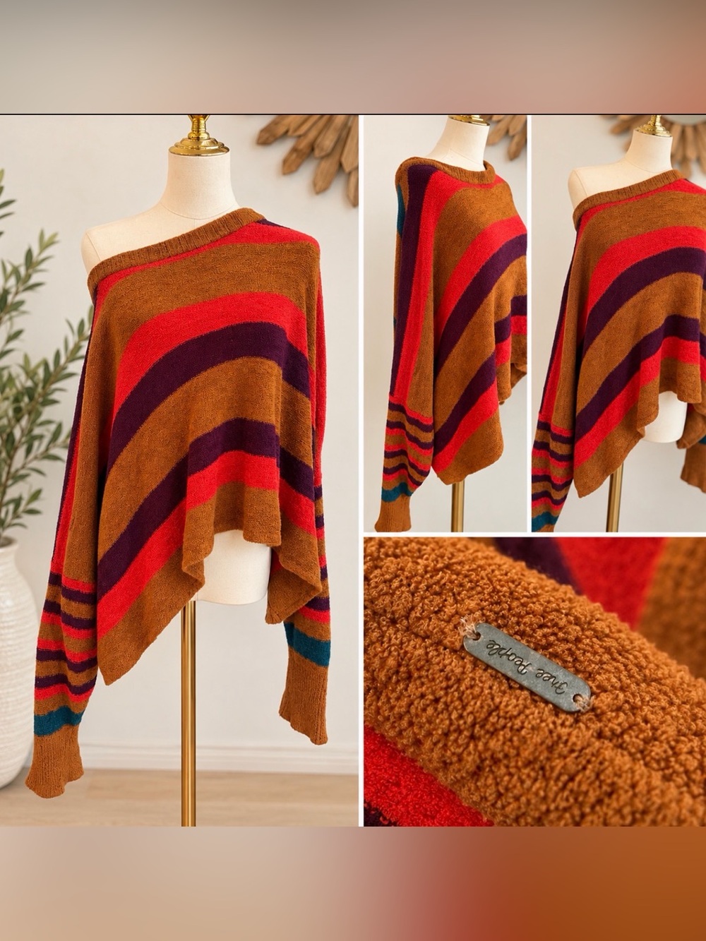 Free People Boho Oversized Striped Off Shoulder Sweater S/M Colorblock Knit